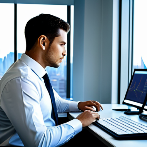 Home 6 A professional man, fully clothed in a modest, dark business suit and a crisp white shirt, sits intently at a clean, futuristic desk. His hands, with proper finger count and well-formed anatomy, are poised over a glowing, interactive digital screen that displays complex, gamified strategy elements and data charts. The background is a modern, spacious office with large windows overlooking a city skyline, softly blurred to keep focus on the subject. The atmosphere is one of deep concentration and intellectual engagement, symbolizing cognitive bias training through interactive simulation. safe for work, appropriate content, fully clothed, professional, perfect anatomy, correct proportions, natural pose, natural body proportions, high-quality digital render.