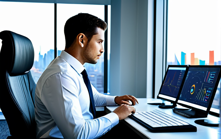A professional man, fully clothed in a modest, dark business suit and a crisp white shirt, sits intently at a clean, futuristic desk. His hands, with proper finger count and well-formed anatomy, are poised over a glowing, interactive digital screen that displays complex, gamified strategy elements and data charts. The background is a modern, spacious office with large windows overlooking a city skyline, softly blurred to keep focus on the subject. The atmosphere is one of deep concentration and intellectual engagement, symbolizing cognitive bias training through interactive simulation. safe for work, appropriate content, fully clothed, professional, perfect anatomy, correct proportions, natural pose, natural body proportions, high-quality digital render.