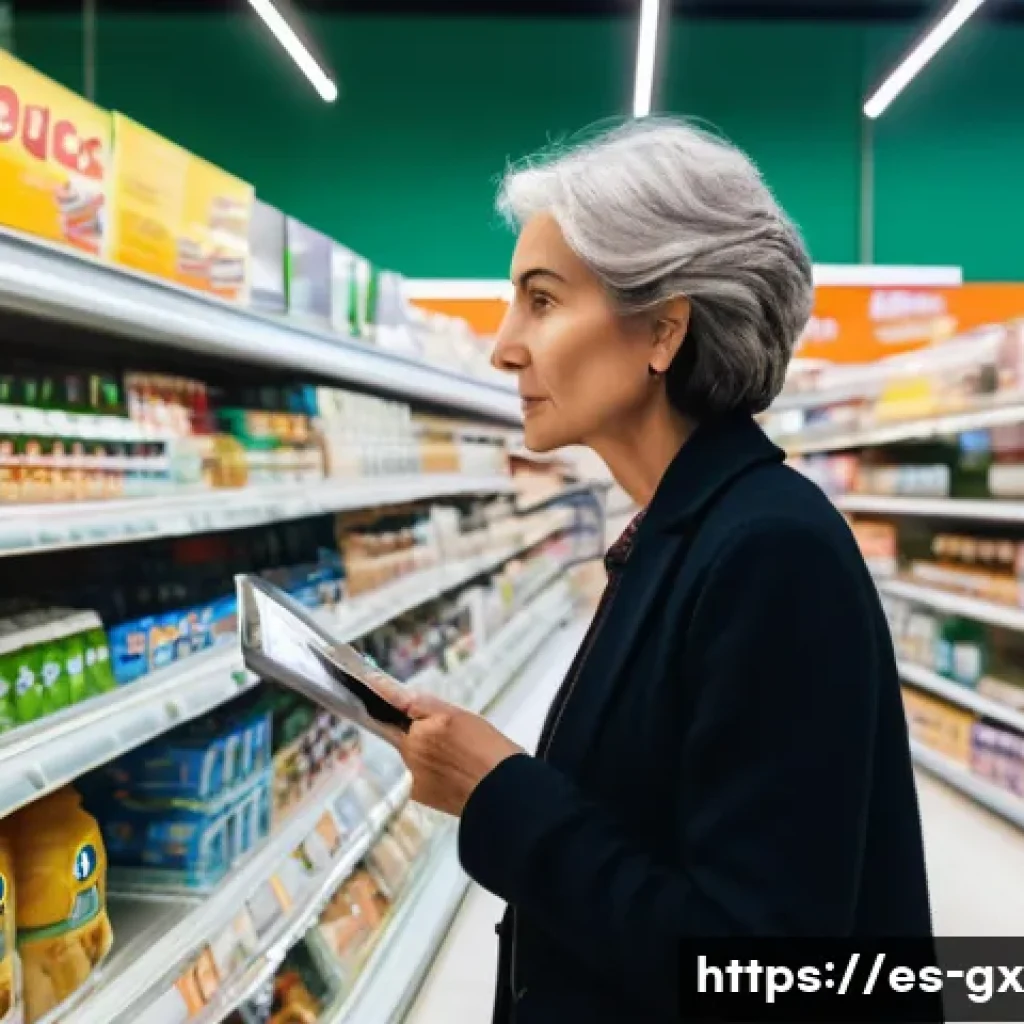 인지 편향 인식 훈련의 일상적 활용법 - A modern supermarket aisle scene in Spain, featuring a diverse group of adults carefully comparing p...