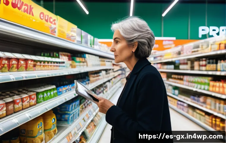 인지 편향 인식 훈련의 일상적 활용법 - A modern supermarket aisle scene in Spain, featuring a diverse group of adults carefully comparing p...