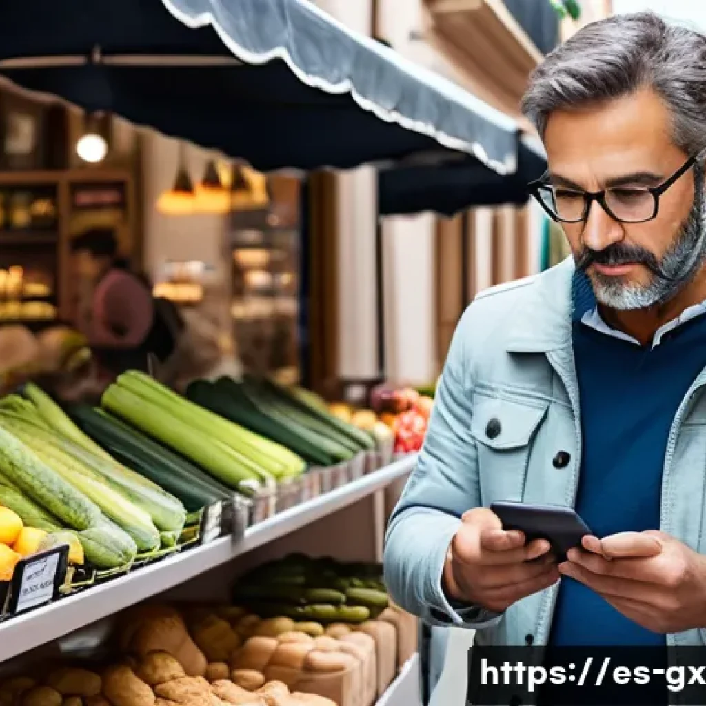 인지 편향의 종류와 설명 - A modern Spanish marketplace scene with diverse shoppers browsing electronic gadgets; focus on a mid...
