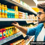 Home 20 인지 편향에 대한 심리학적 접근 방식 - A modern supermarket aisle in a vibrant Spanish city setting, with a young adult carefully choosing ...
