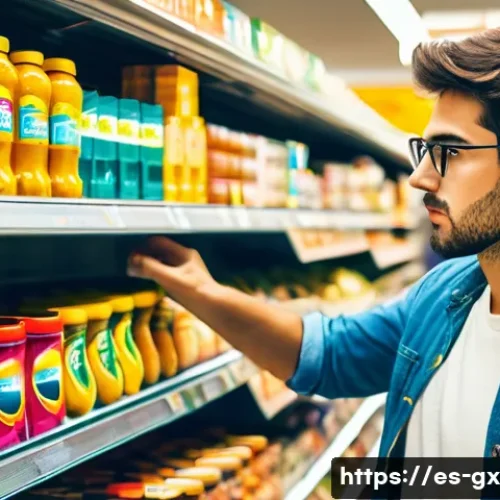 Home 32 인지 편향에 대한 심리학적 접근 방식 - A modern supermarket aisle in a vibrant Spanish city setting, with a young adult carefully choosing ...
