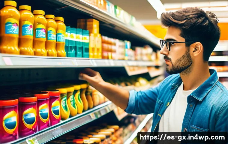 인지 편향에 대한 심리학적 접근 방식 - A modern supermarket aisle in a vibrant Spanish city setting, with a young adult carefully choosing ...
