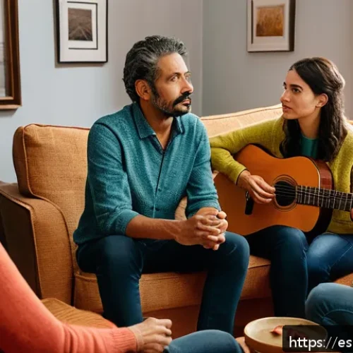 Home 31 인지 편향과 그룹사고의 관계 - A diverse group of Spanish-speaking adults gathered in a cozy living room, engaged in a respectful a...