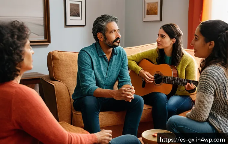 인지 편향과 그룹사고의 관계 - A diverse group of Spanish-speaking adults gathered in a cozy living room, engaged in a respectful a...